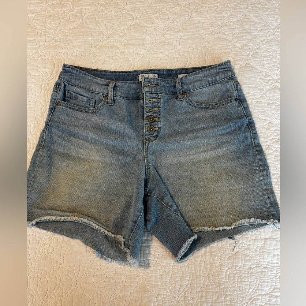 sofia by sofia vergara Light Blue Button-Fly Distressed Denim Shorts